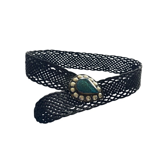 Vintage Black Braided Leather Extra Wide Statement belt Malachite Turquoise main image 8
